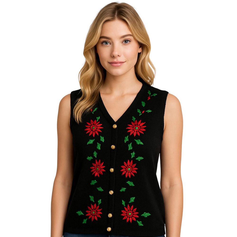 Croft & Barrow Christmas Sweater Vest Womens XL Black Poinsettia Holly Holiday